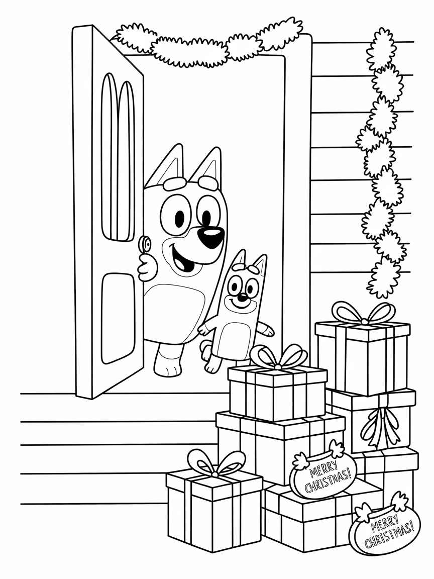 A Christmas-themed coloring page featuring Bluey and Bingo peeking from a doorway with a stack of presents.