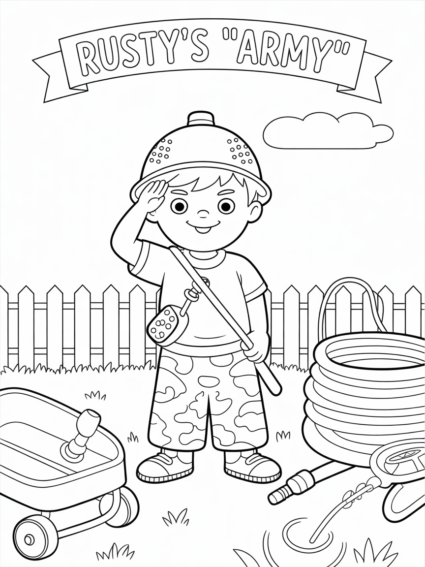 A boy dressed as a soldier, saluting, stands with a garden hose, wagon, and other gardening tools, ready for coloring.