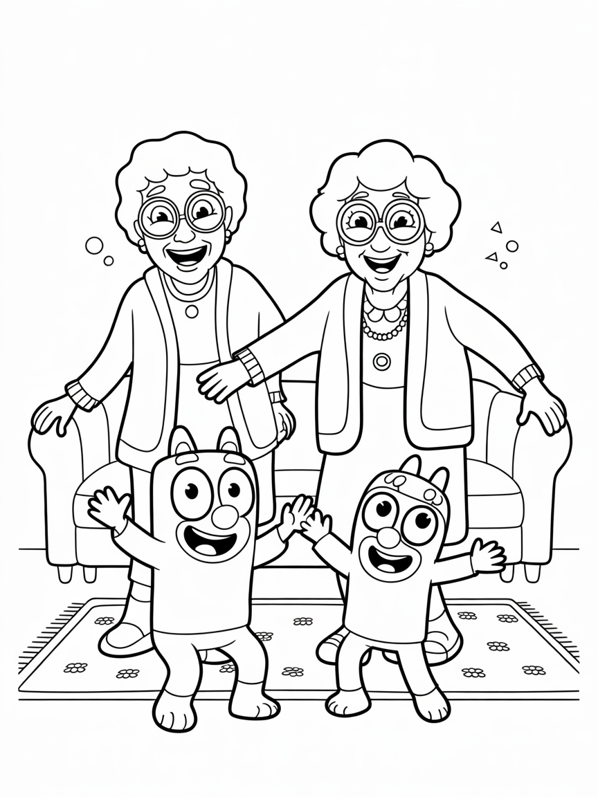 A fun coloring page featuring two happy grandmas and their two adorable grandpuppies. Perfect for kids and adults to color.