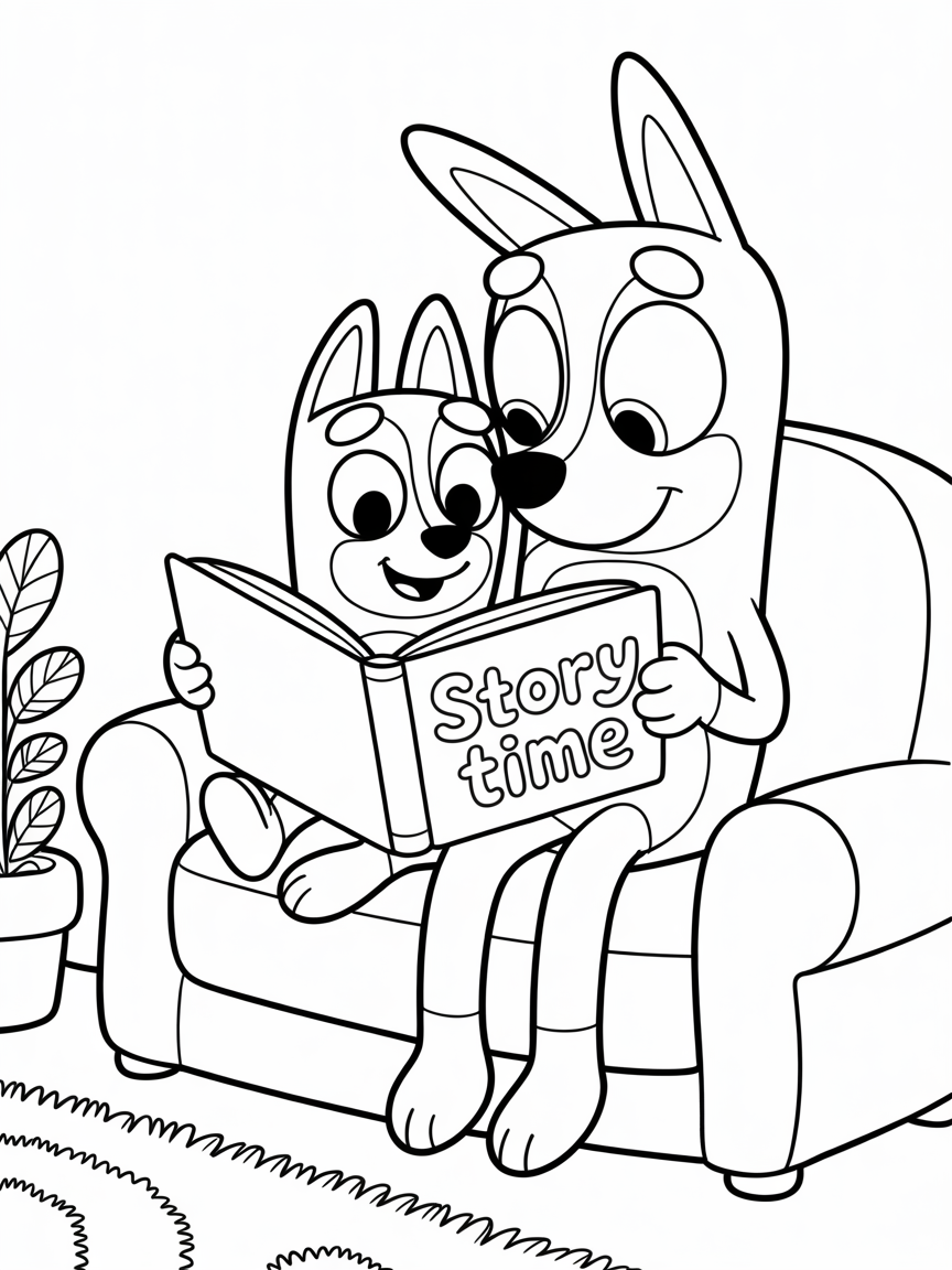 A coloring page featuring Bluey and Bingo sitting on a couch, sharing a book labeled 'Story Time'.