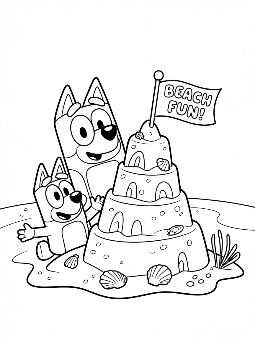 A coloring page featuring Bluey and Bingo building a sandcastle on the beach with seashells and a flag that says Beach Fun!