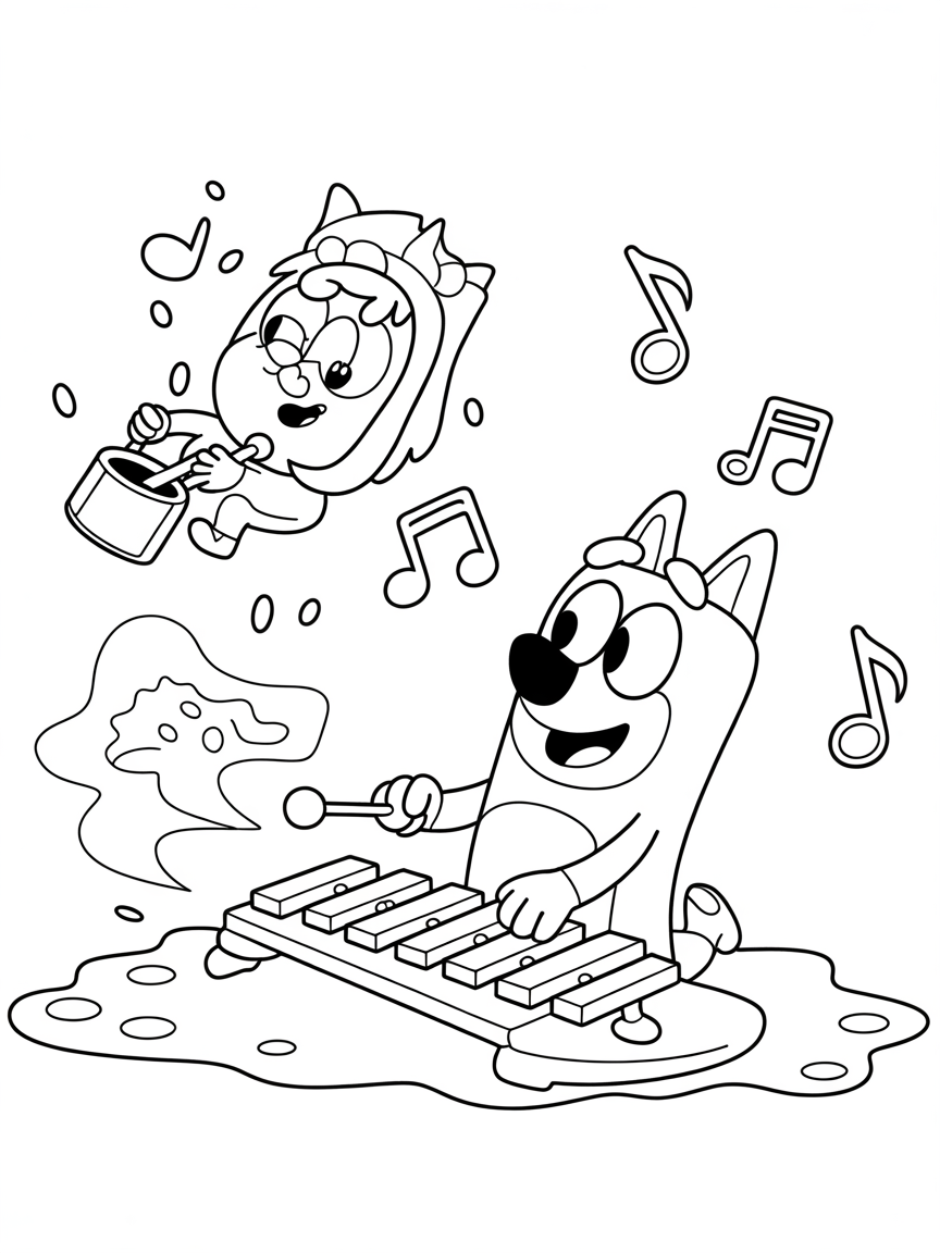 A fun coloring page featuring Bluey playing the xylophone and Bingo floating with a bucket, surrounded by musical notes.