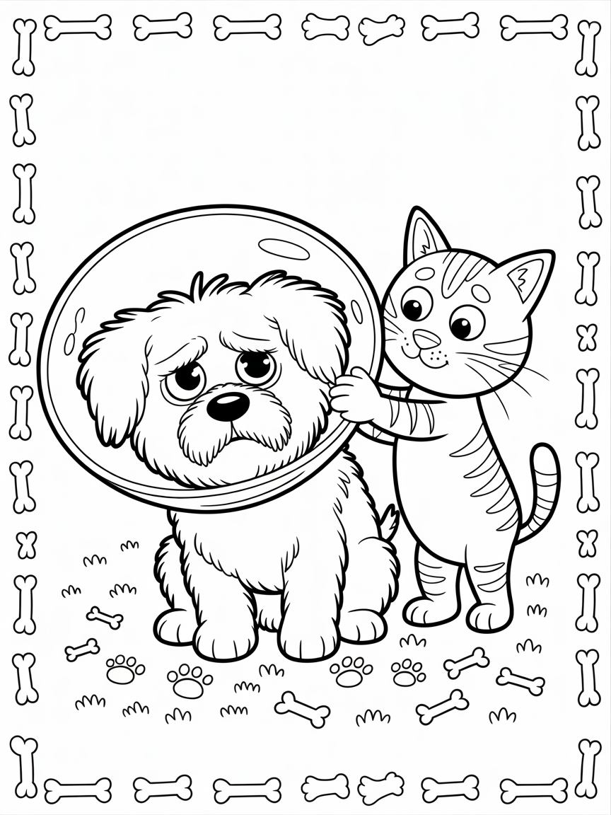 A free printable coloring page featuring a cute dog wearing a cone and a friendly cat.