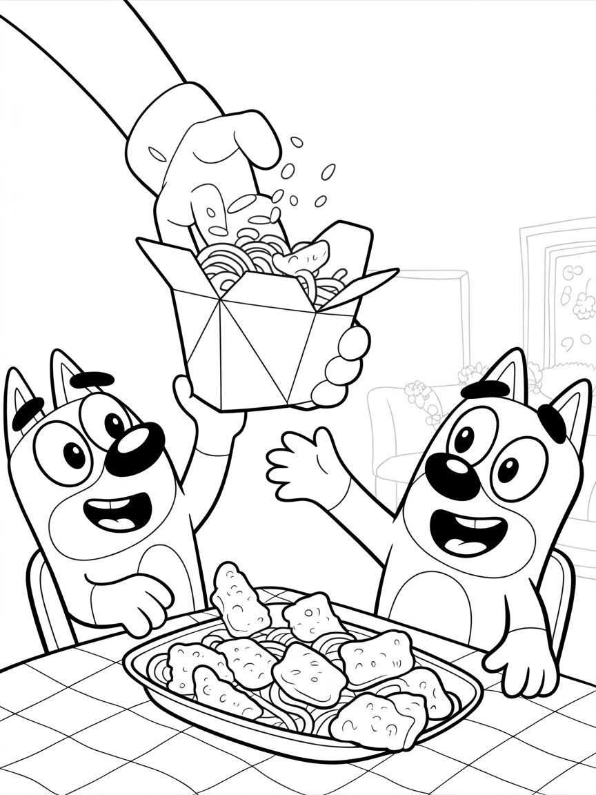 A coloring page featuring Bluey and Bingo happily receiving a takeout order of noodles and chicken nuggets.
