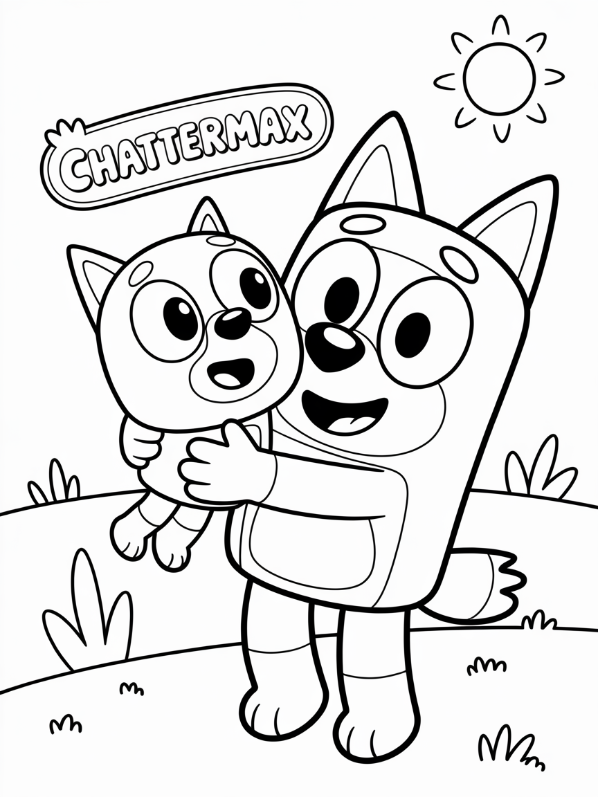A coloring page featuring Chattermax characters, Max happily holding Pip. A fun activity for kids who love Chattermax.
