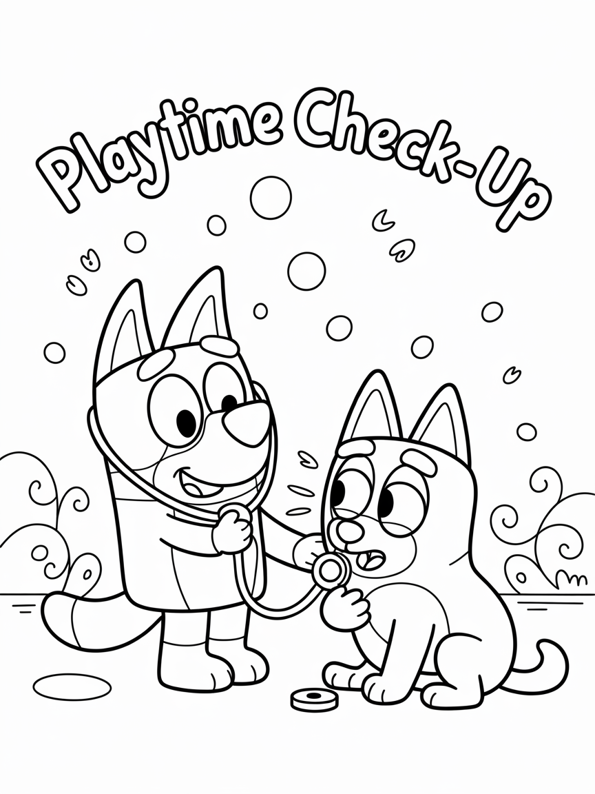 A coloring page featuring Bluey as a doctor checking her friend's heart with a stethoscope.