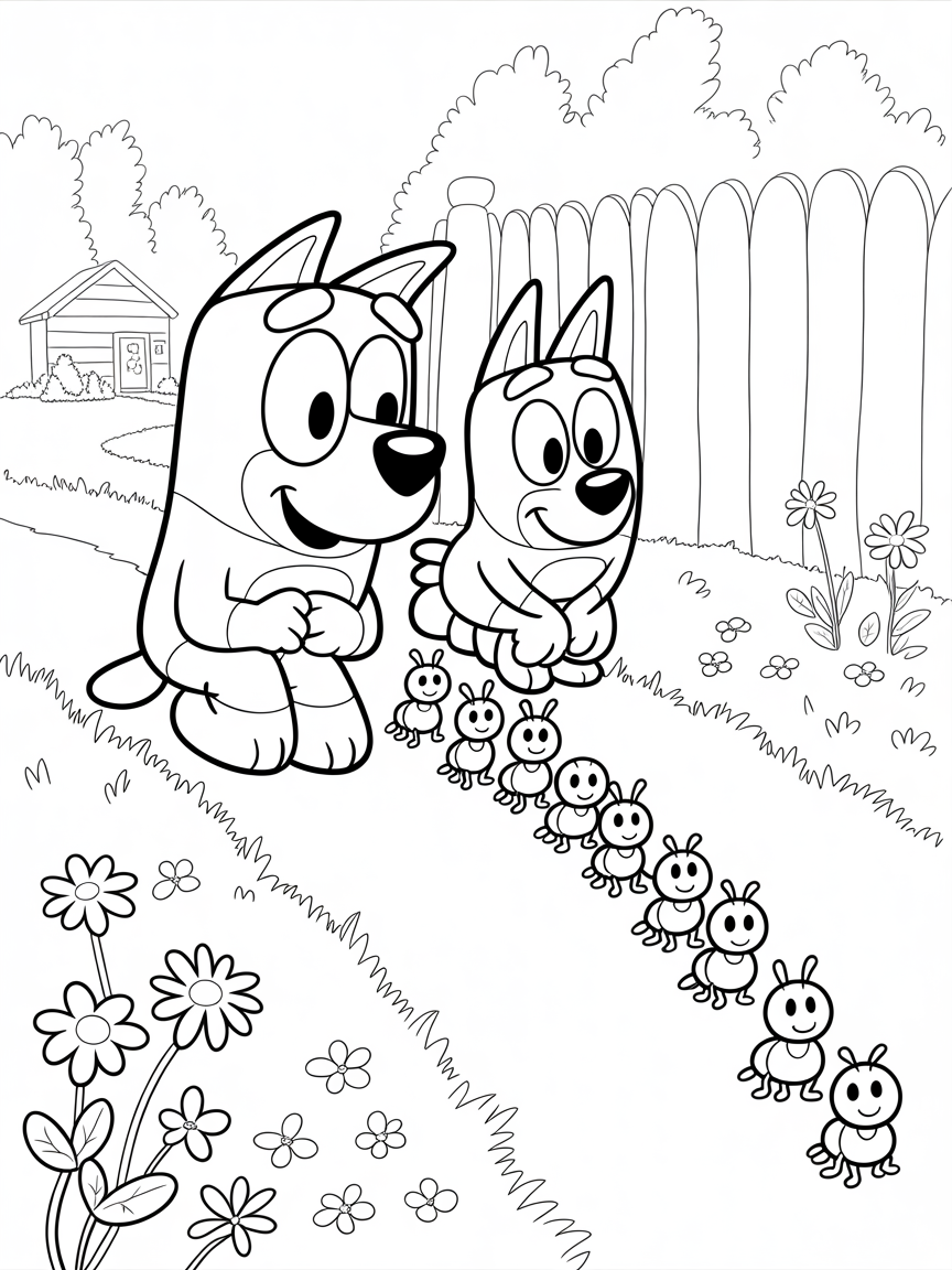 A coloring page featuring Bluey and Bingo from the cartoon, watching a line of ants march by in a garden.