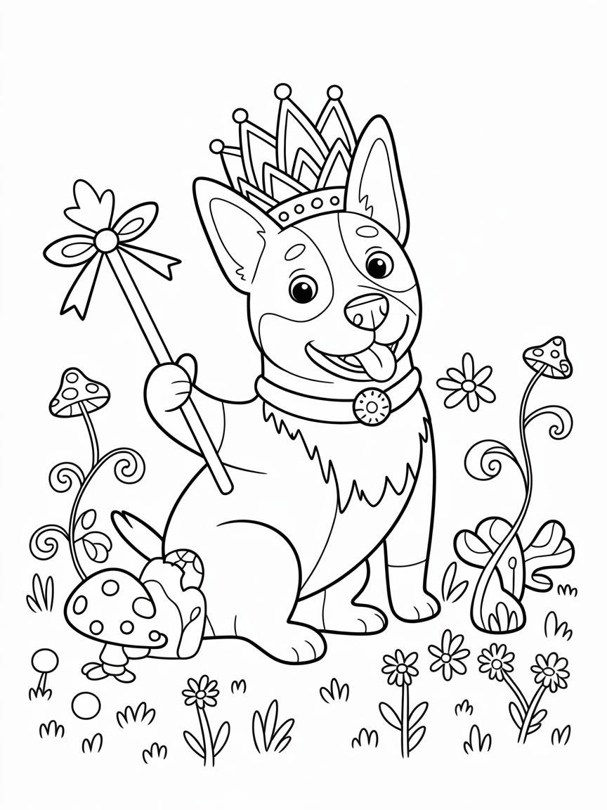 A cute cartoon puppy wearing a crown and holding a wand, surrounded by flowers and mushrooms; a fun coloring page for kids.
