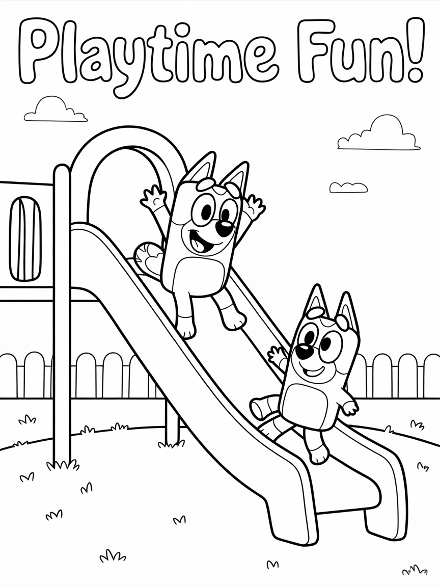 Bluey and Bingo from the children's show are sliding down a playground slide, perfect for kids' coloring activities.