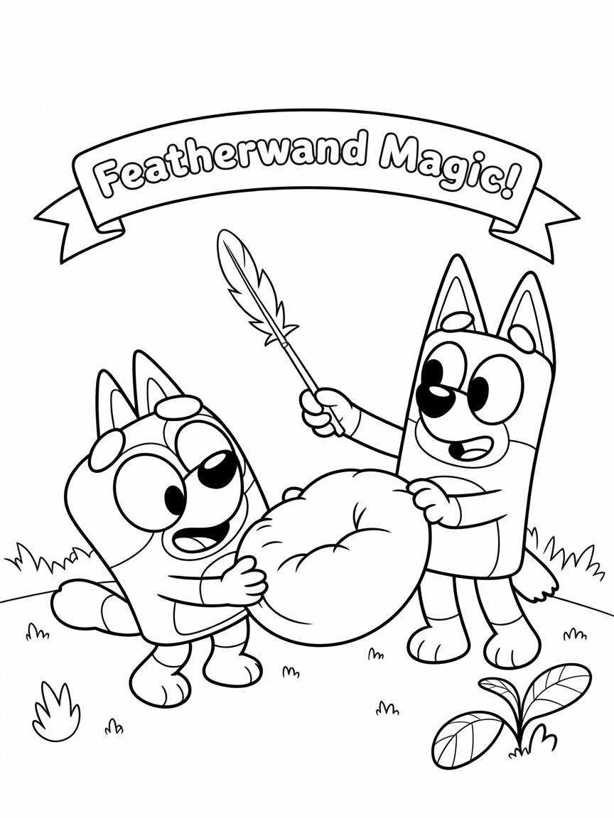 A free printable coloring page featuring Bluey and Bingo from the popular children's show, performing magic with a feather wand.