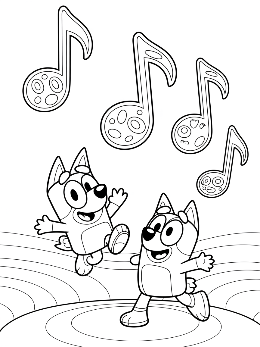 Free printable coloring page featuring Bluey and Bingo joyfully dancing with musical notes.