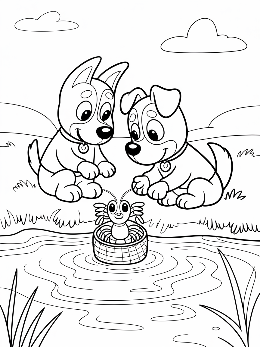 Two adorable puppies looking at a crayfish in a basket by the water, a fun coloring page for kids.