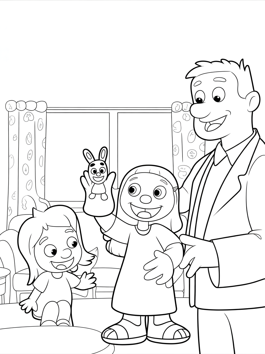 A father and his two daughters enjoy a puppet show; a great coloring page for family activities.