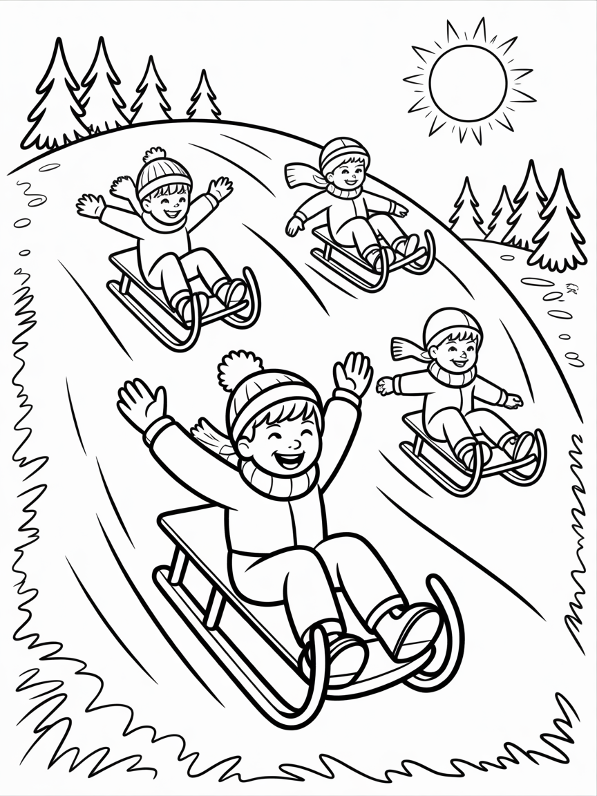 Three children joyfully sled down a snowy hill on a sunny winter day, a fun coloring page for kids.
