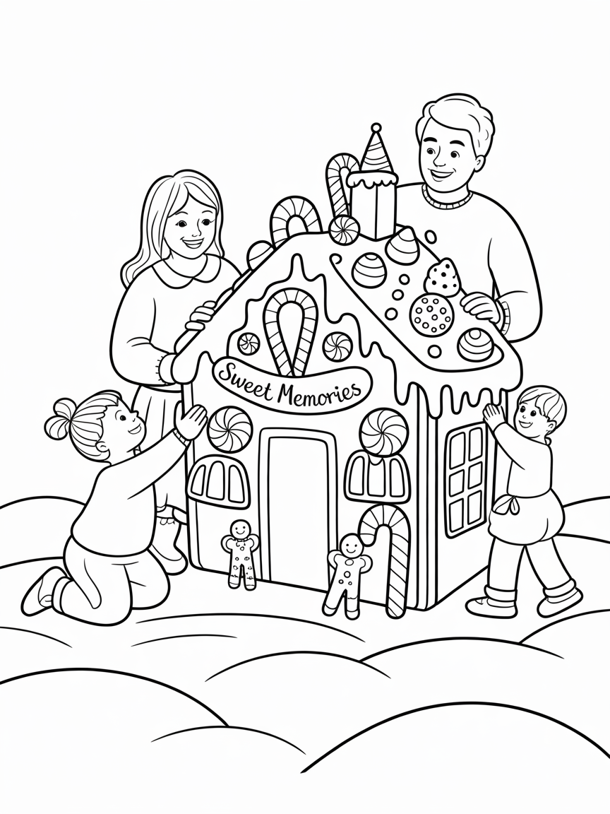 A family of four decorates a large gingerbread house together, perfect for Christmas-themed coloring activities.
