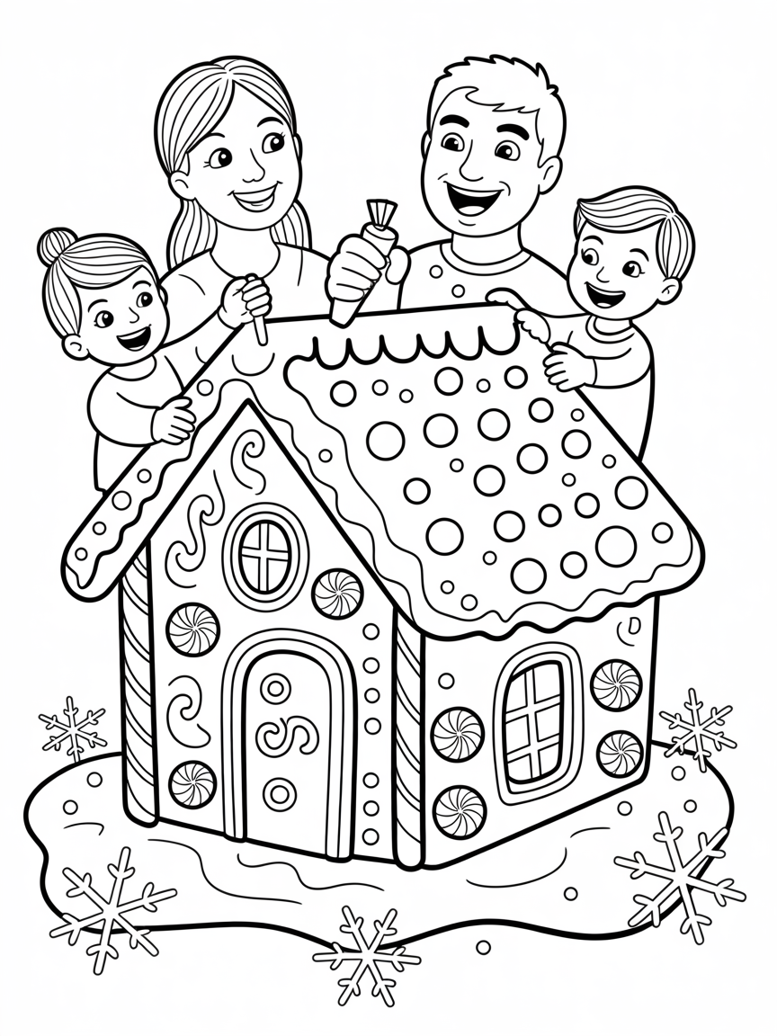 Happy family decorating a gingerbread house together, perfect for Christmas coloring.