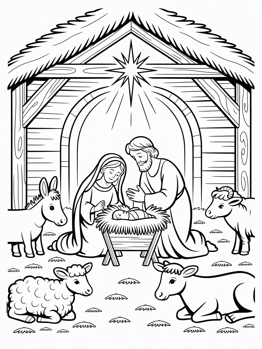 Black and white line art of the nativity scene featuring Mary, Joseph, baby Jesus, and animals.