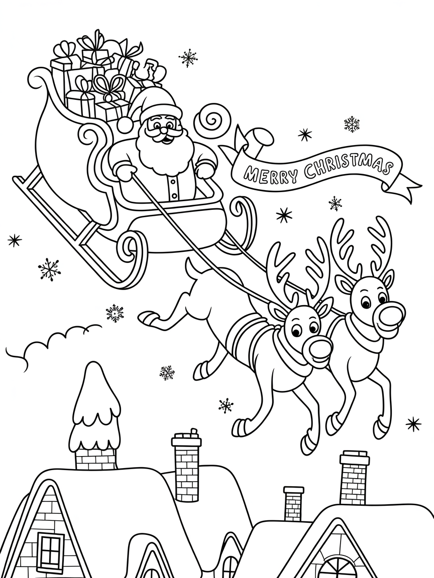 Santa Claus in his sleigh pulled by two reindeer flying over houses delivering gifts; Christmas coloring page.