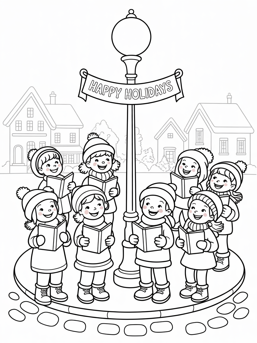 A group of children in winter hats sing carols around a lamppost with a 'Happy Holidays' banner.