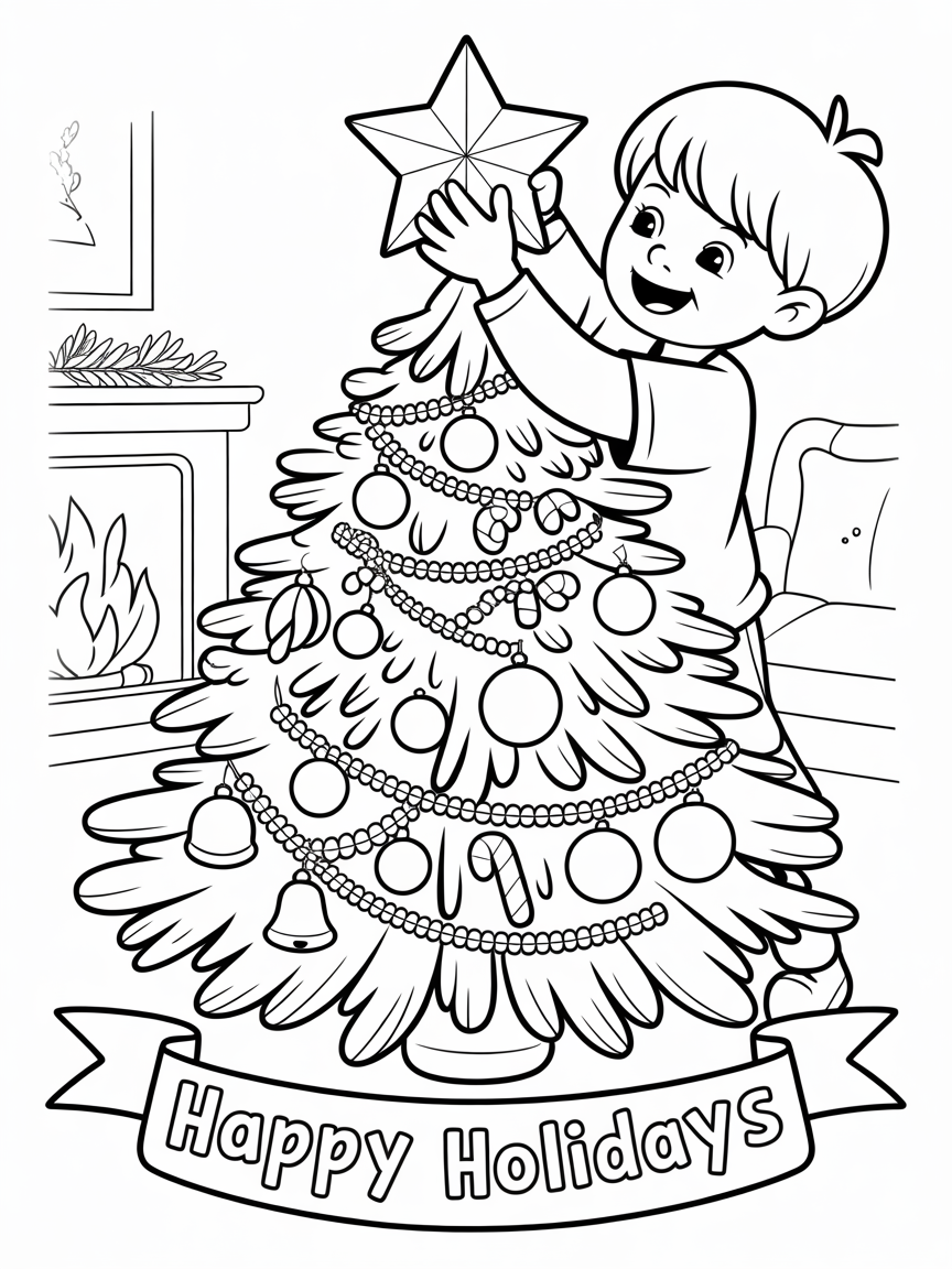 A boy puts a star on top of a decorated Christmas tree. Free printable coloring page for the holidays.