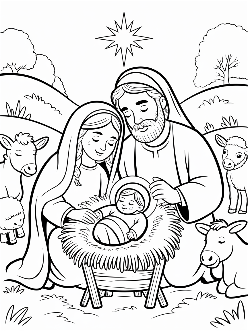 Black and white illustration of the nativity scene with Mary, Joseph, baby Jesus, and farm animals.