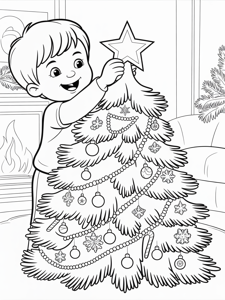 A happy boy places a star on top of a decorated Christmas tree, ready for coloring.