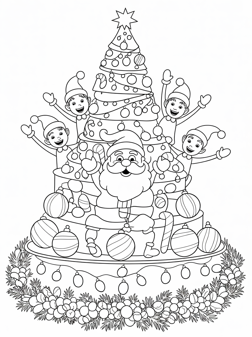 A coloring page featuring Santa Claus and four elves surrounding a decorated Christmas tree, perfect for festive coloring activities.