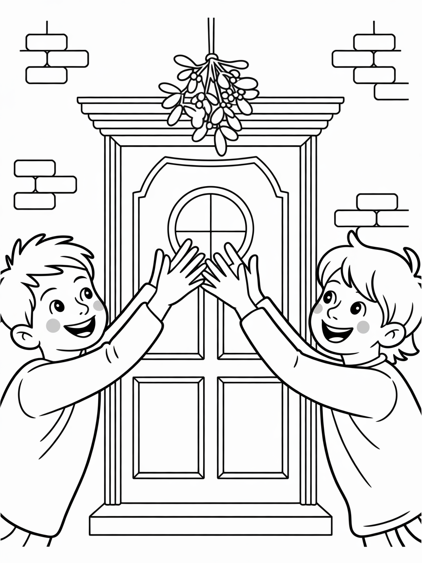 Two happy children reach up to touch mistletoe hanging above a door, a fun Christmas coloring page.