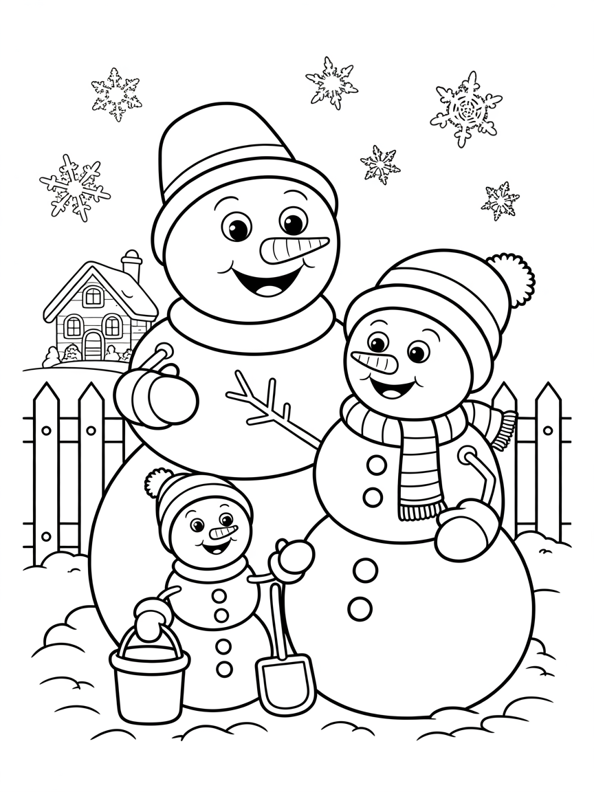 A charming coloring page featuring a happy snowman family, complete with hats, scarves, and snow accessories in a winter wonderland scene.