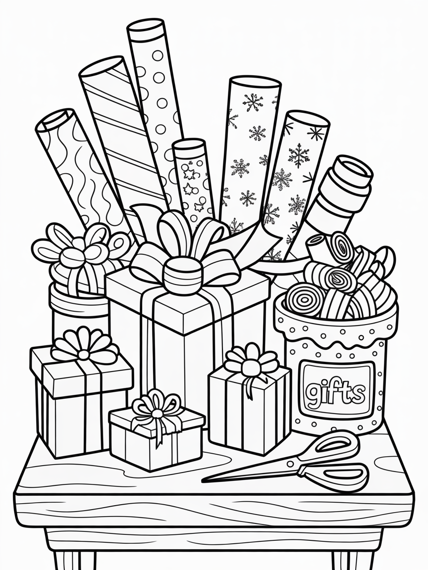 A coloring page featuring a table with wrapped gifts, ribbon, bows, scissors, and a container of wrapping paper rolls.