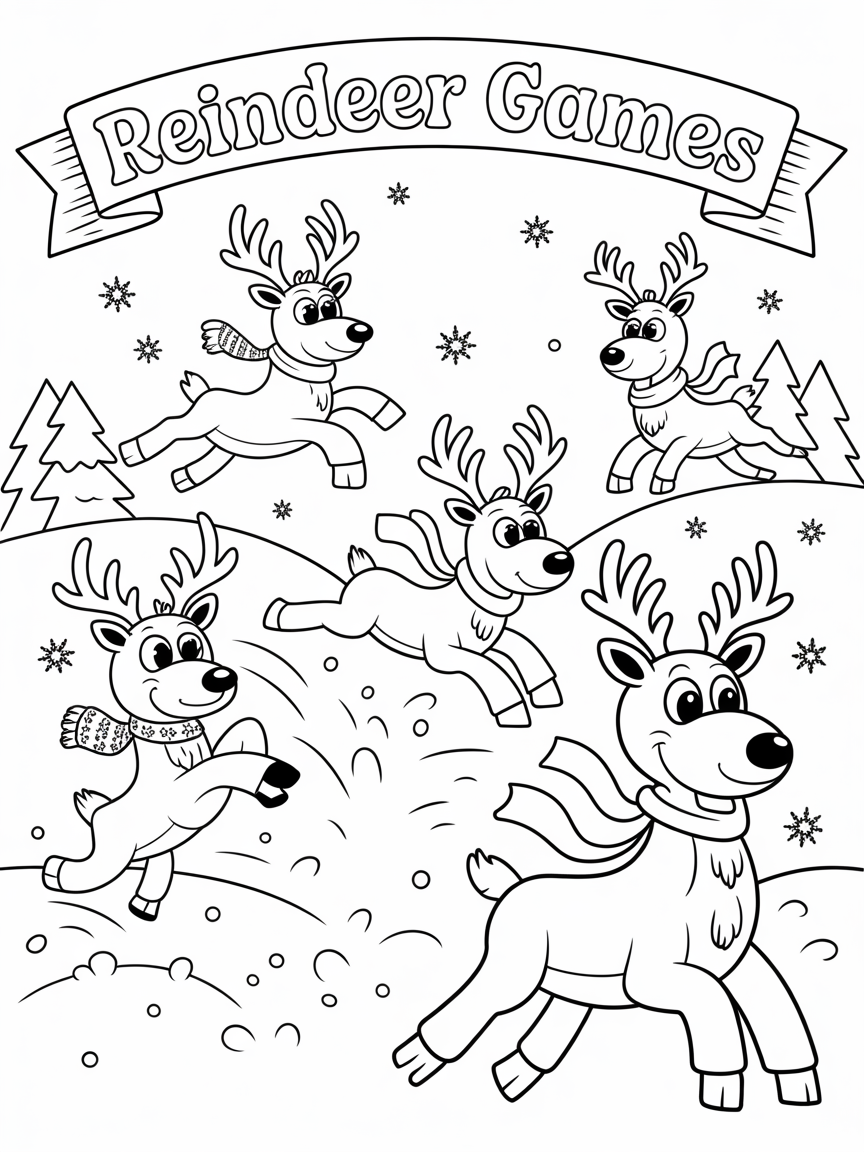 A cheerful Christmas coloring page featuring five playful reindeer in winter games, perfect for kids.