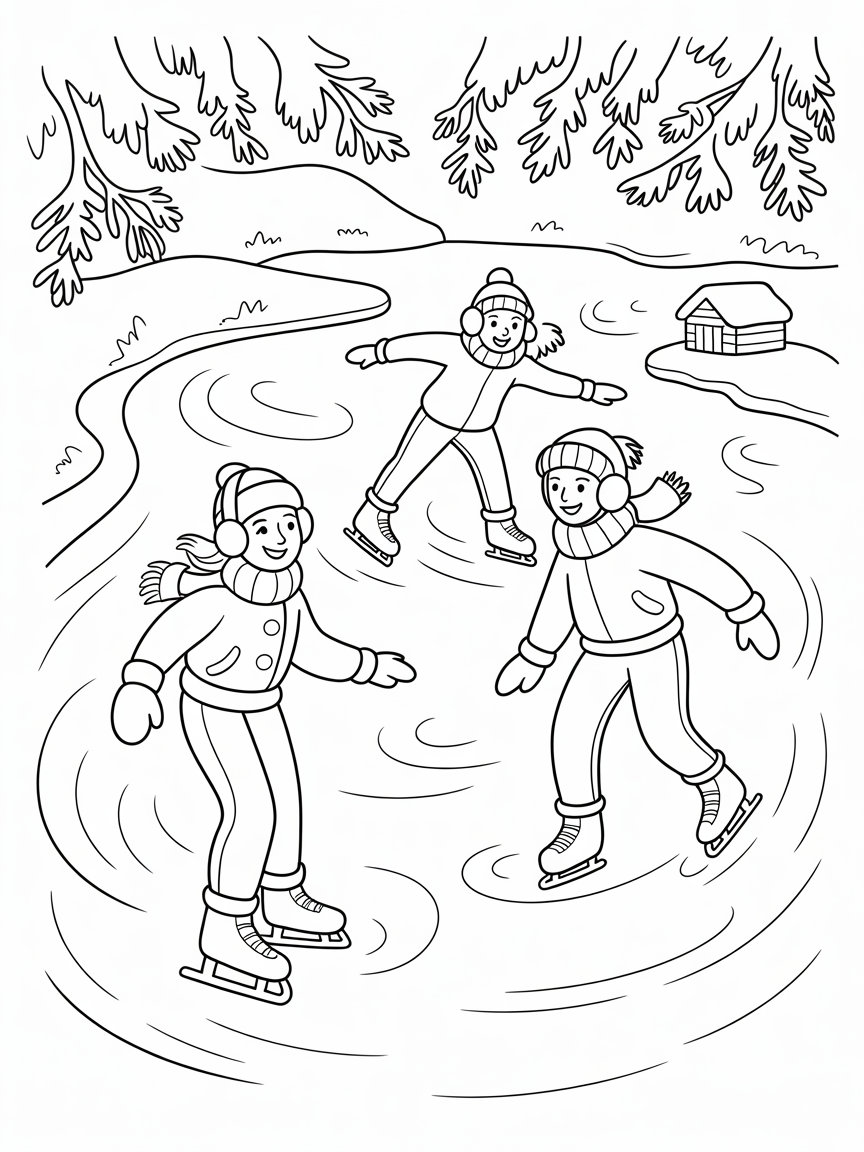 Three children ice skating on a frozen pond near a small house, winter scene coloring page.