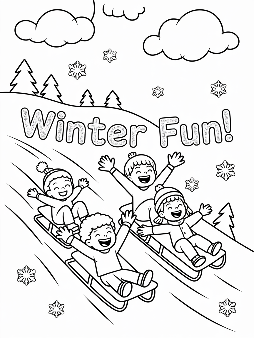 Three happy children sledding down a snowy hill on a winter day, perfect for coloring.