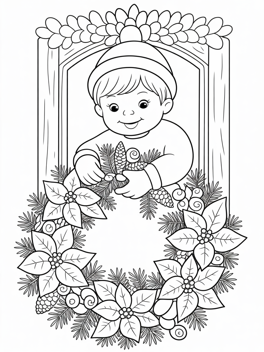 A cute boy in a winter hat decorates a Christmas wreath with pinecones and berries, a fun coloring page for kids.