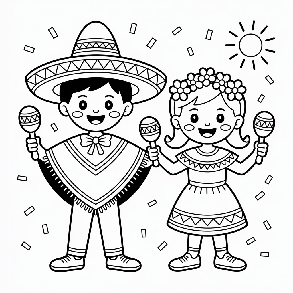 A coloring page featuring a boy and girl in traditional Mexican attire, holding maracas.