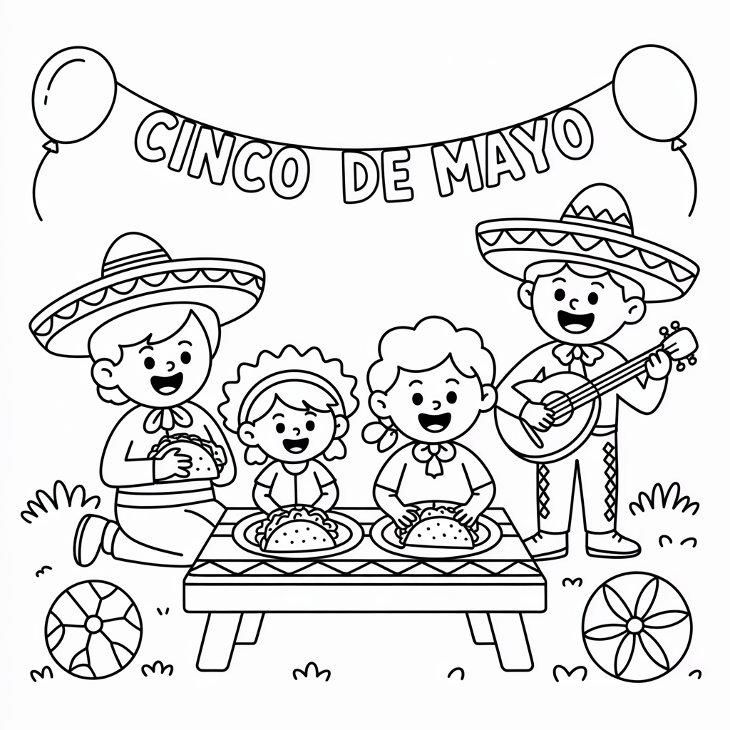 A black and white line drawing of children celebrating Cinco de Mayo with tacos and music.