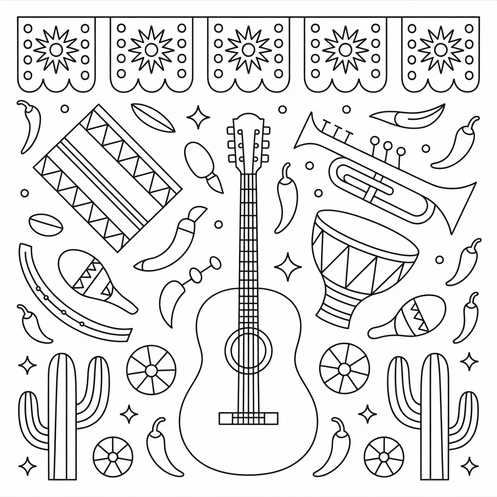 A coloring page featuring line art of various instruments and objects associated with a Mexican fiesta.