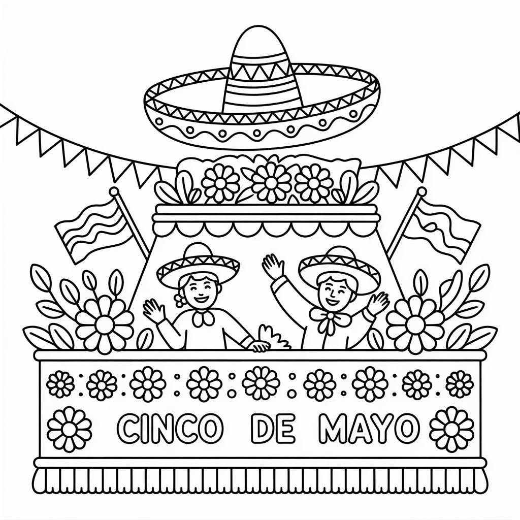 A line drawing of a Cinco de Mayo float with children in sombreros, ready to be colored.