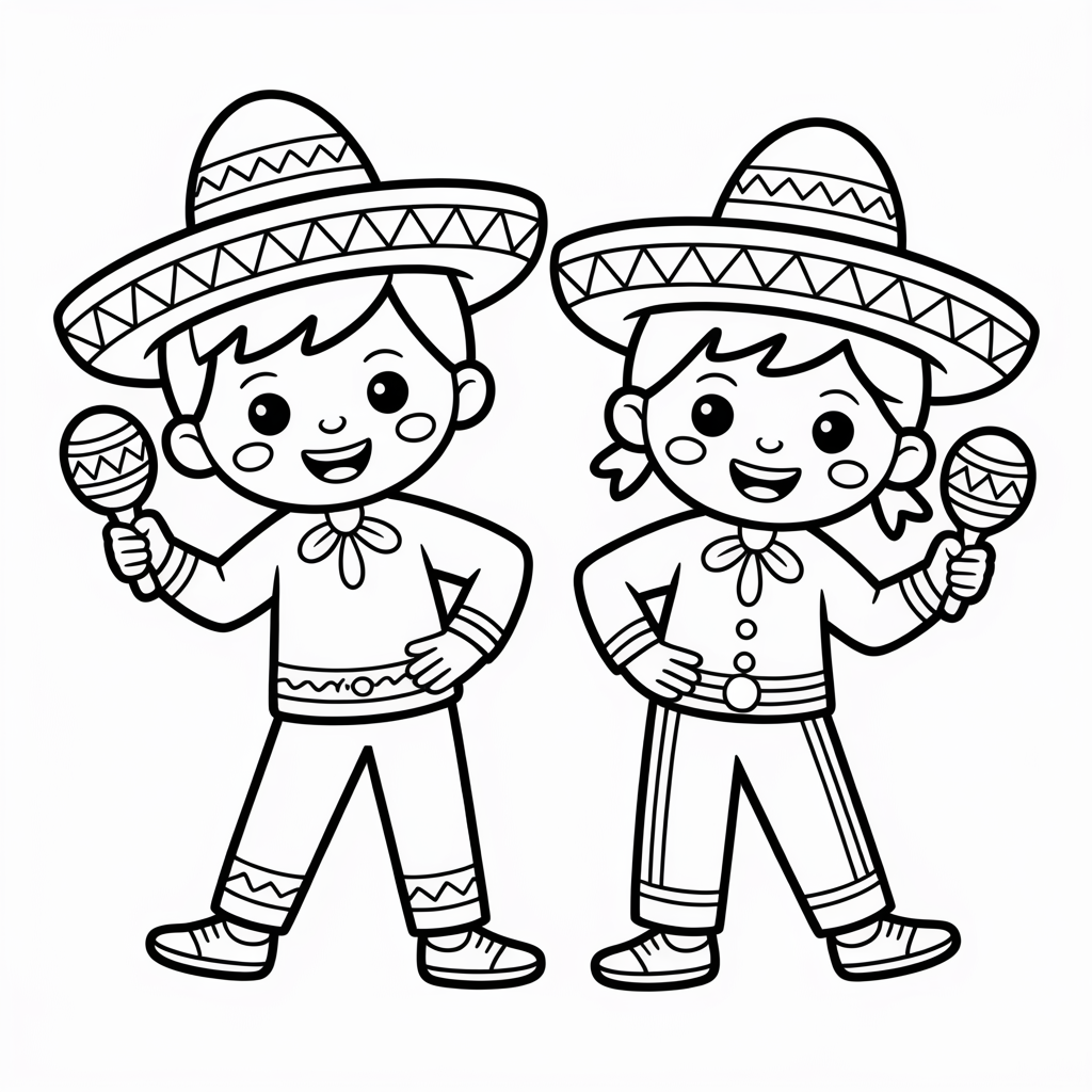 A coloring page featuring two children in traditional Mexican attire, holding maracas.