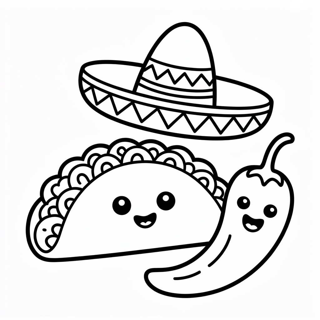 A coloring page featuring a cartoon taco, chili pepper, and sombrero.