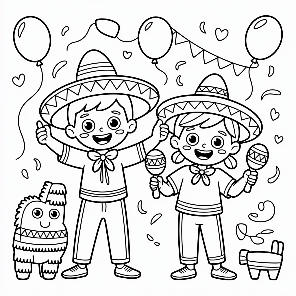 A coloring page featuring two children in traditional Mexican attire, playing maracas and celebrating with pinatas and balloons.