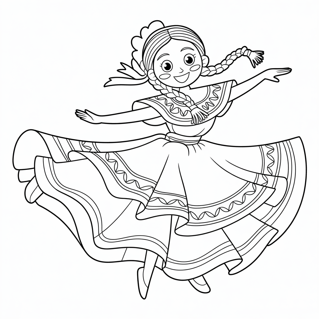 A line drawing of a girl wearing a traditional Mexican dress, twirling, ready to be colored.