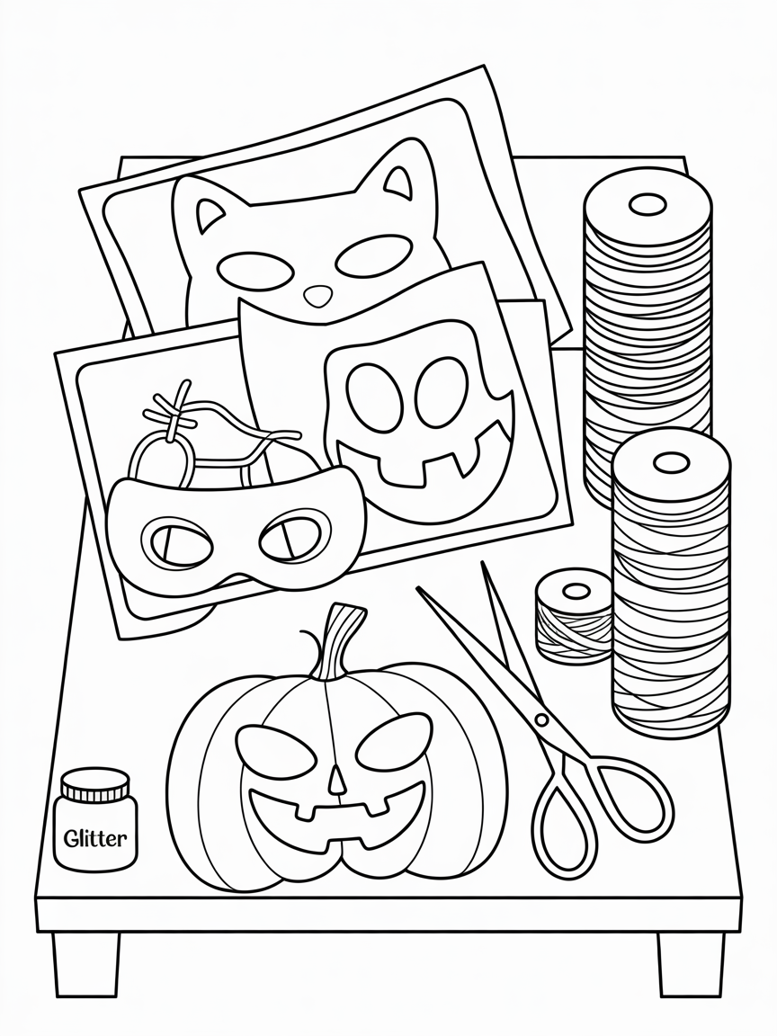 Free printable Halloween coloring page featuring a table with craft supplies including masks, pumpkins, yarn, and glitter.