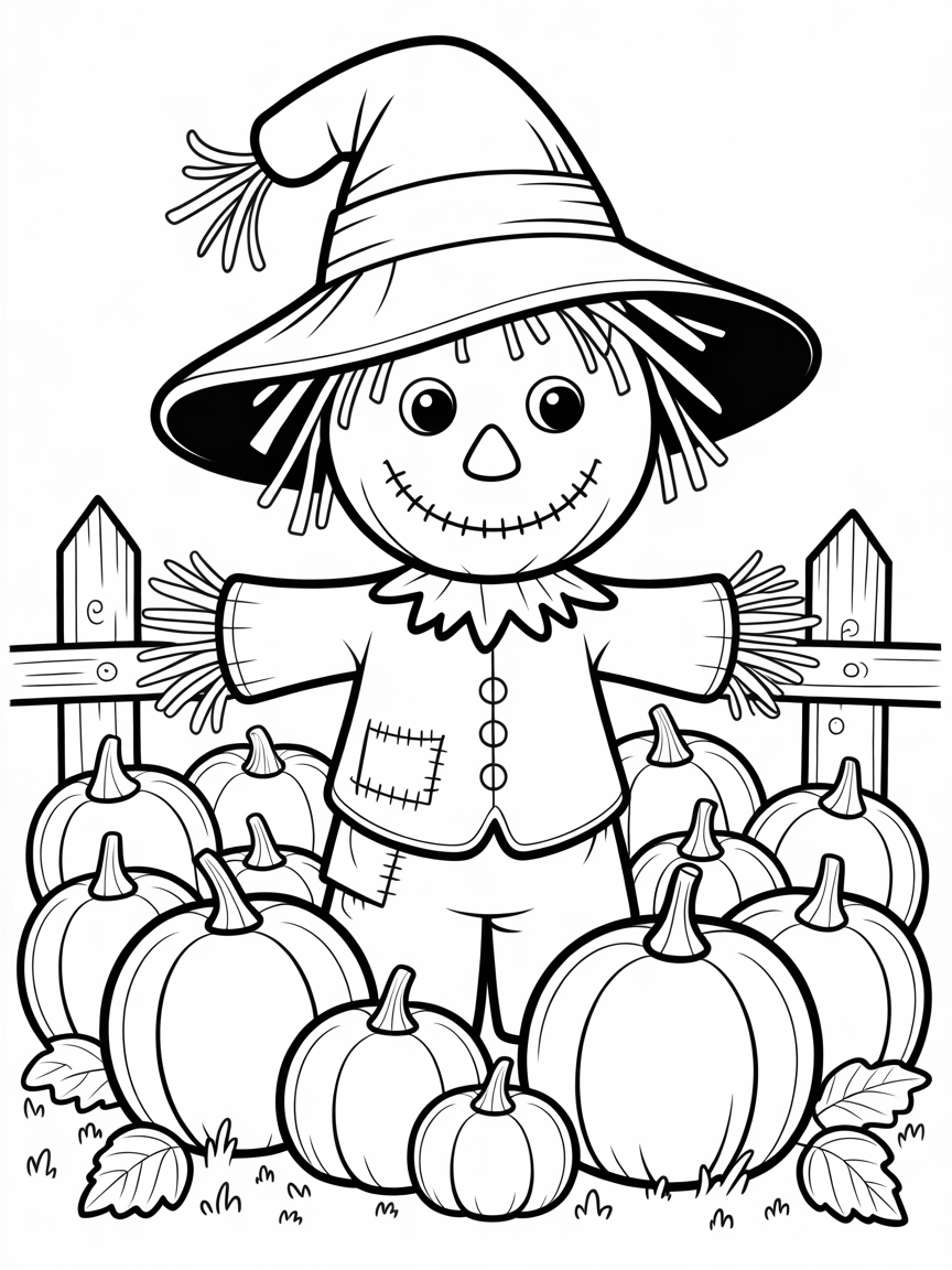 A friendly scarecrow stands among a patch of pumpkins, perfect for fall-themed coloring.