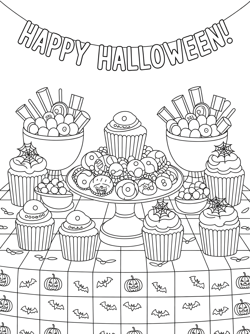 A fun Halloween-themed coloring page featuring cupcakes, candy, and a festive tablecloth.