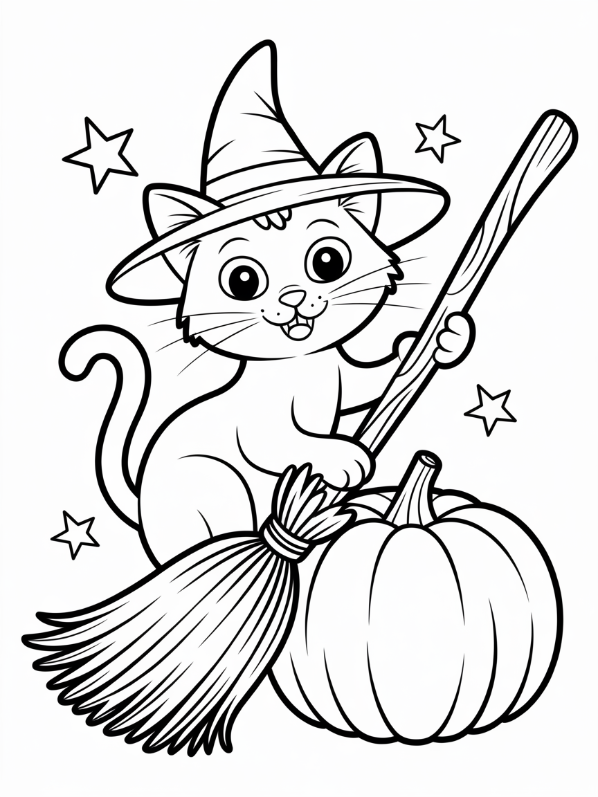 A cute cartoon witch cat wearing a hat sits on a broom next to a pumpkin, ready for Halloween coloring.
