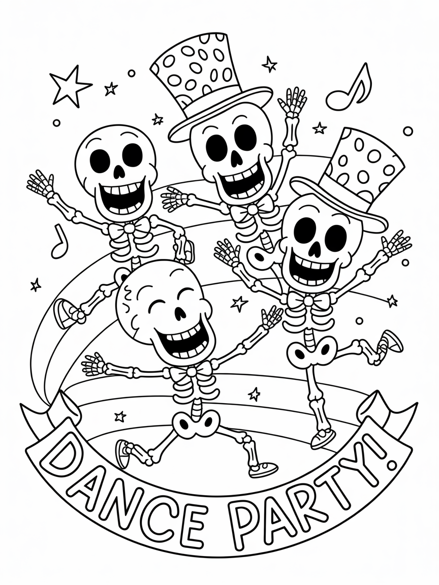 Three skeletons in top hats are joyfully dancing at a party, perfect for Halloween coloring.