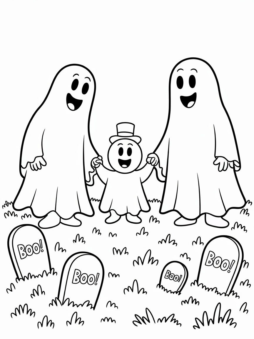 A cute Halloween coloring page featuring a friendly ghost family with a little ghost child in a graveyard with tombstones.