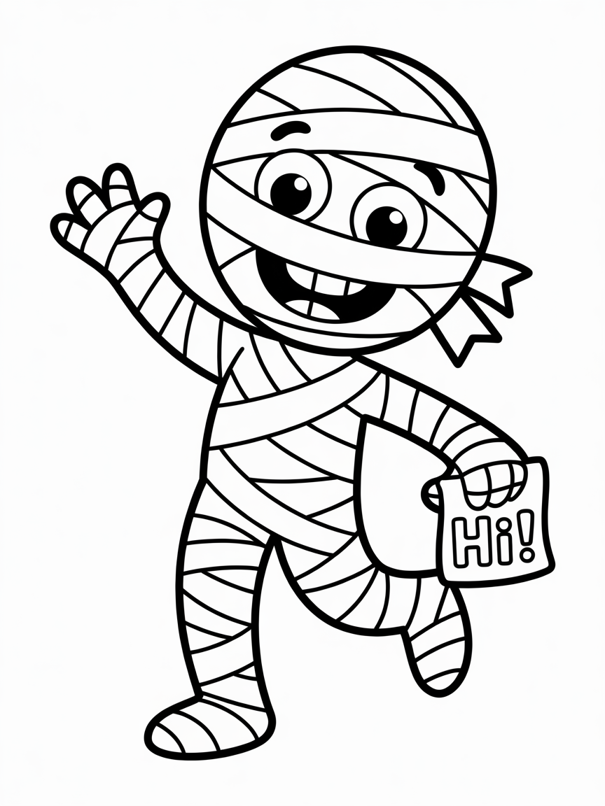 A friendly cartoon mummy waves and holds a sign that says 'Hi!' Perfect for Halloween coloring pages.