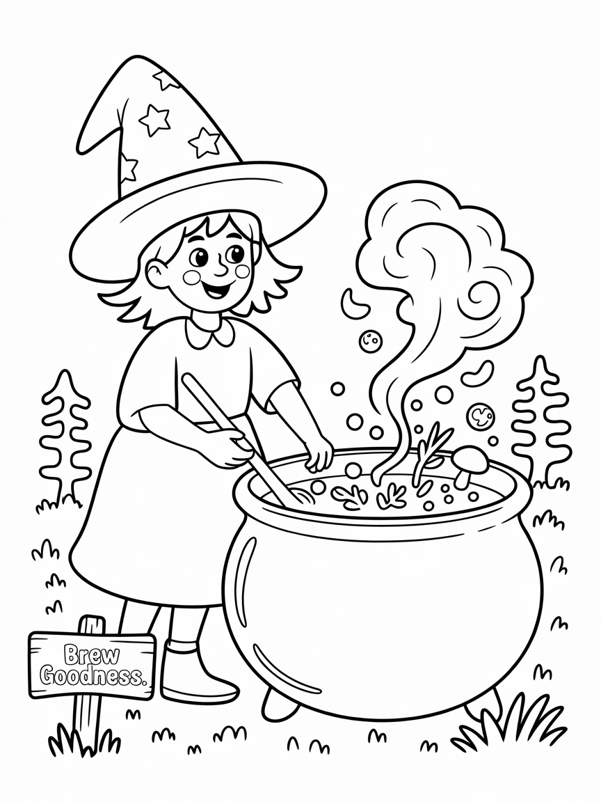 A cute little witch stirs a cauldron of bubbling potion, wearing a star-studded hat. Perfect for Halloween coloring.
